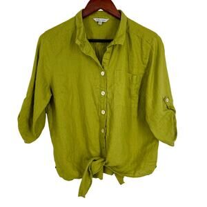 JOHN MARK Petite Medium PM 100% LINEN Green Wearable Art Blouse Shirt Top